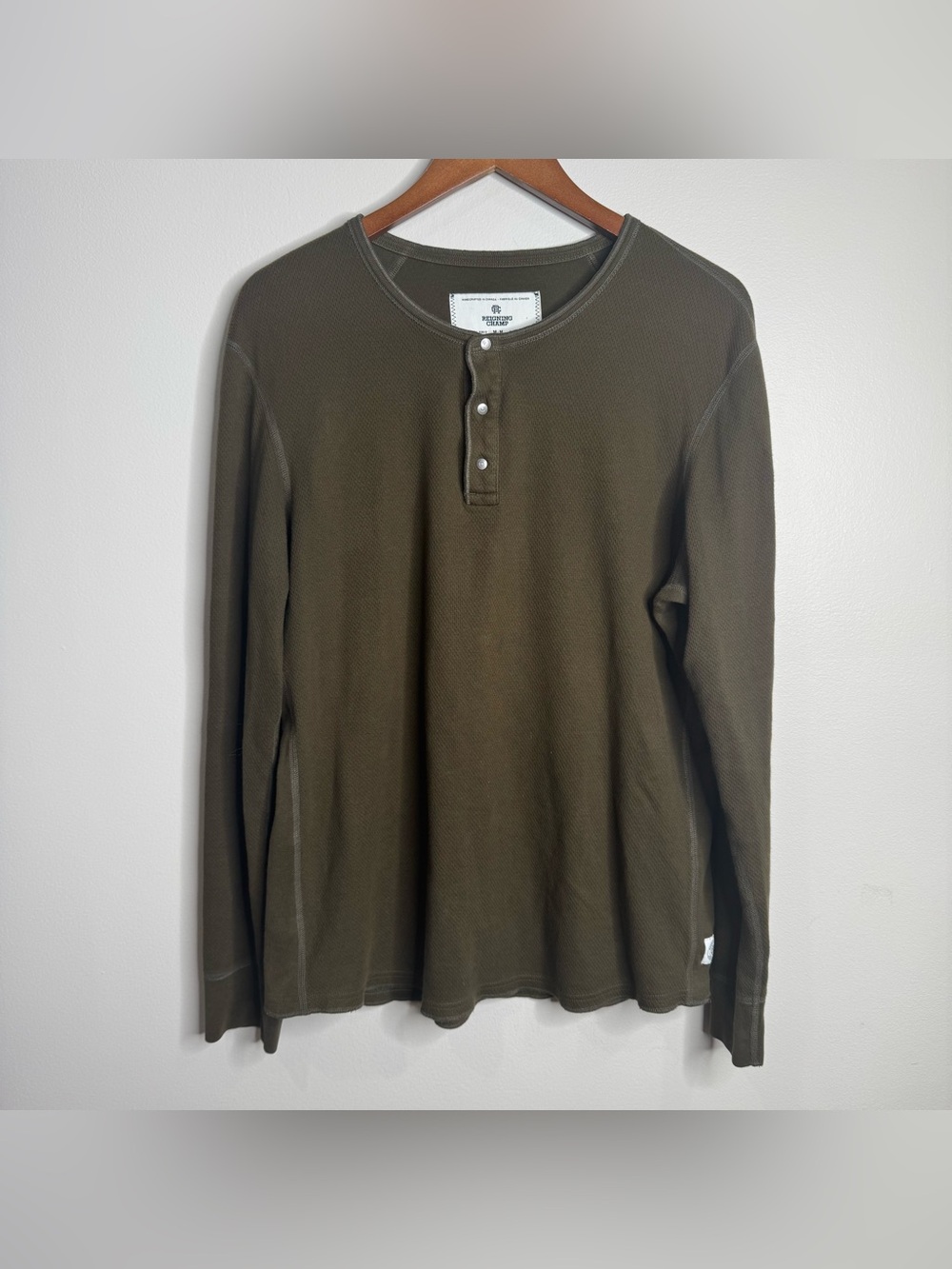 Reigning Champ Long Sleeve Henley Olive Green 100% Cotton Medium